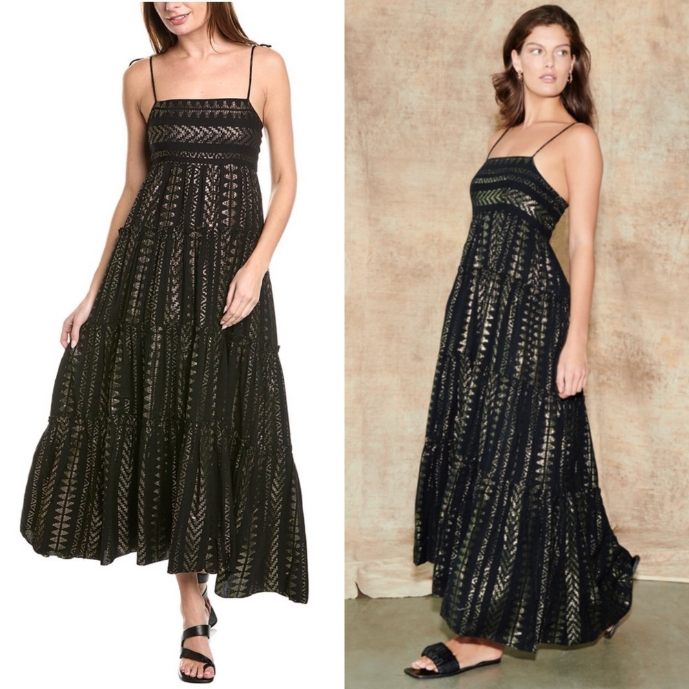 Saylor Joanie Tiered Maxi Dress Fringe Tassel Ties Black Metallic Details M - Picture 2 of 15
